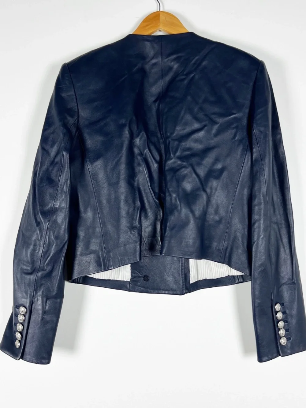 Veronica Beard Winslow Genuine Leather Double Breasted Blazer Jacket Navy Blue - Picture 4 of 4